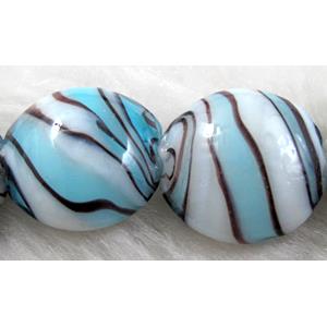 zebra lampwork glass beads, flat-round, blue, 20mm dia [LWBFR09C04]