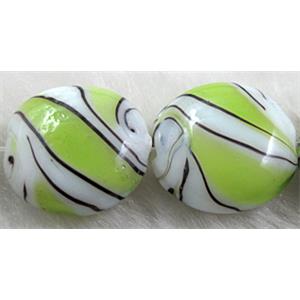 zebra lampwork glass beads, flat-round, olive, 20mm dia [LWBFR09C06]
