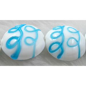 handcraft glass lampwork beads, flat-round, line, aqua, 20mm dia [LWBFR10C01]