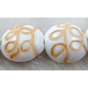 handcraft glass lampwork beads, flat-round, line, yellow, 20mm dia [LWBFR10C04]
