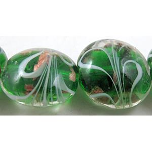 stripe lampwork glass beads, flat-round, green, 20mm dia, 20pcs per st [LWBFR202C01]