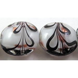 stripe lampwork glass beads, flat-round, white, 20mm dia, 20pcs per st [LWBFR202C04]
