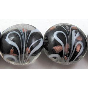 stripe lampwork glass beads, flat-round, black, 20mm dia, 20pcs per st [LWBFR202C05]