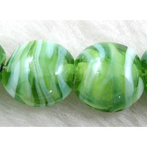 Lampwork glass bead, flat round, green, 16-17mm dia [LWBFR204C04]