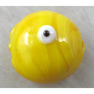  lampwork glass beads with evil eye, flat-round, yellow, 16mm dia, 25pcs per st [LWBFR205C01]