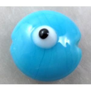  lampwork glass beads with evil eye, flat-round, aqua, 16mm dia, 25pcs per st [LWBFR205C04]