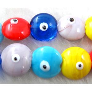  lampwork glass beads with evil eye, flat-round, mixed color, 16mm dia, 25pcs per st [LWBFR205MIX]