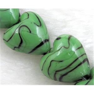 lampwork glass beads, heart, black stripe, green, 15mm dia, 25pcs per st [LWBHT18C01]