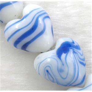 lampwork glass beads, heart, blue stripe, white, 15mm dia, 25pcs per st [LWBHT18C03]