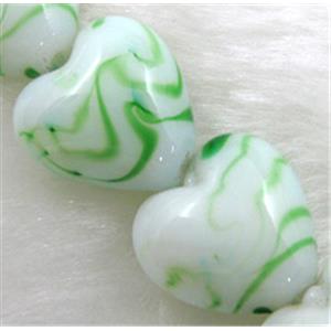 lampwork glass beads, heart, green stripe, white, 15mm dia, 25pcs per st [LWBHT18C04]