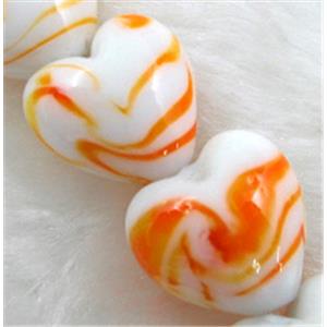 lampwork glass beads, heart, orange stripe, white, 15mm dia, 25pcs per st [LWBHT18C05]