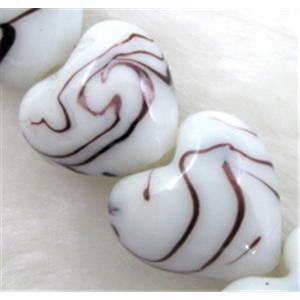 lampwork glass beads, heart, purple stripe, white, 15mm dia, 25pcs per st [LWBHT18C06]