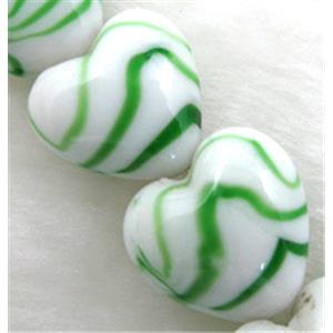 lampwork glass beads, heart, green stripe, white, 15mm dia, 25pcs per st [LWBHT18C07]