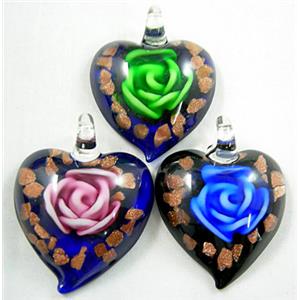 MixColors Lampwork Glass heart Pendants within Goldsand and Rose, 40mm wide [LWBPD048]
