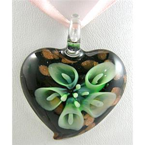MixColors Lampwork Glass heart Pendants within Goldsand and Flower, 40mm wide [LWBPD049]