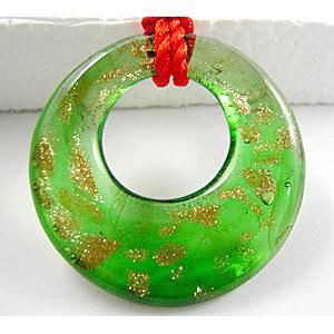 Lampwork Glass GoGo Pendant with goldsand, green, 45mm dia [LWBPD081C4]