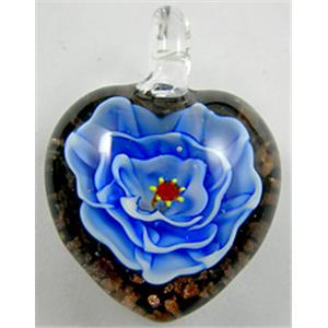 Lampwork Glass Pendant with goldsand, heart, flower, blue, 30x35mm [LWBPD085C1]