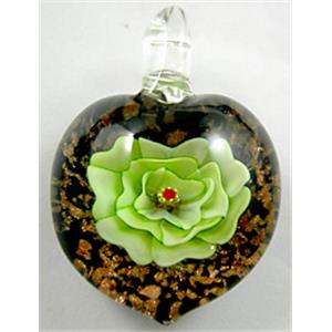 Lampwork Glass Pendant with goldsand, heart, flower, green, 30x35mm [LWBPD085C2]