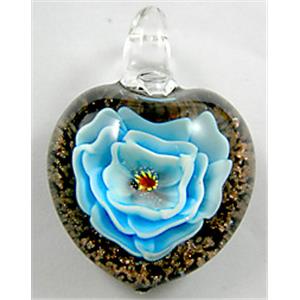 Lampwork Glass Pendant with goldsand, heart, flower, blue, 30x35mm [LWBPD085C3]