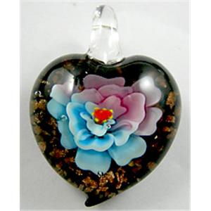 Lampwork Glass Pendant with goldsand, heart, flower, blue, 30x35mm [LWBPD085C4]