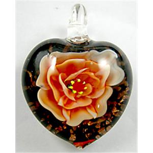 Lampwork Glass Pendant with goldsand, heart, flower, red, 30x35mm [LWBPD085C5]