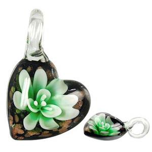 Murano style lampwork glass pendant with gold foil, heart, flower, green, 30x42mm [LWBPD207C01]
