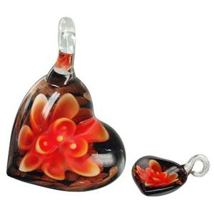 Murano style lampwork glass pendant with gold foil, heart, flower, red, 30x42mm [LWBPD207C02]