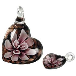 Murano style lampwork glass pendant with gold foil, heart, flower, pink, 30x42mm [LWBPD207C03]