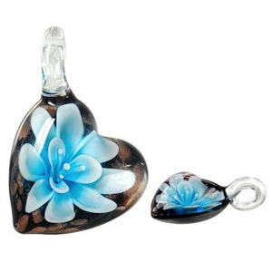 Murano style lampwork glass pendant with gold foil, heart, flower, blue, 30x42mm [LWBPD207C04]