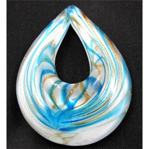 murano style glass lampwork pendant, teardrop, blue line, 38x50mm [LWBPD210C01]
