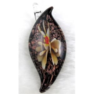 murano style glass lampwork pendant with goldsand, leaf, yellow flower, 23x60mm [LWBPD212C01]