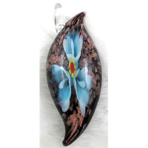 murano style glass lampwork pendant with goldsand, leaf, blue flower, 23x60mm [LWBPD212C02]