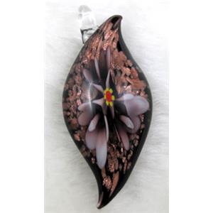 murano style glass lampwork pendant with goldsand, leaf, purple flower, 23x60mm [LWBPD212C03]