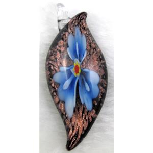 murano style glass lampwork pendant with goldsand, leaf, blue flower, 23x60mm [LWBPD212C04]
