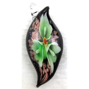 murano style glass lampwork pendant with goldsand, leaf, green flower, 23x60mm [LWBPD212C05]