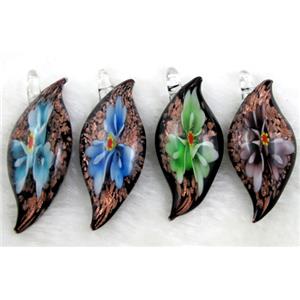 murano style glass lampwork pendant with goldsand, leaf, flower, mixed color, 23x60mm [LWBPD212MIX]