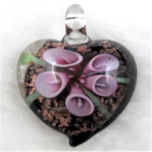 murano style glass lampwork pendant with goldsand, heart, pink flower, 35mm wide [LWBPD213C01]