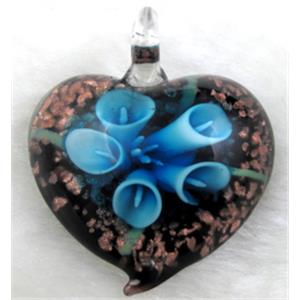 murano style glass lampwork pendant with goldsand, heart, sky-blue flower, 35mm wide [LWBPD213C02]