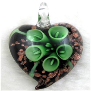 murano style glass lampwork pendant with goldsand, heart, green flower, 35mm wide [LWBPD213C05]