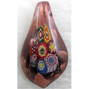 murano style glass lampwork pendant with mulit-flower, leaf, purple, approx 35x60mm [LWBPD220C04]