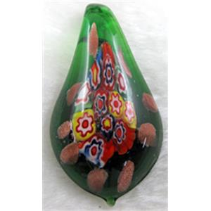 murano style glass lampwork pendant with mulit-flower, leaf, green, approx 35x60mm [LWBPD220C05]