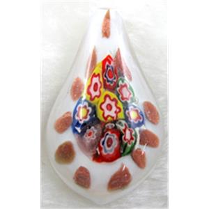 murano style glass lampwork pendant with mulit-flower, leaf, white, approx 35x60mm [LWBPD220C06]