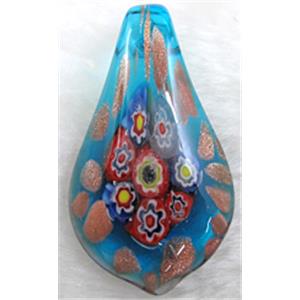 murano style glass lampwork pendant with mulit-flower, leaf, blue, approx 35x60mm [LWBPD220C07]