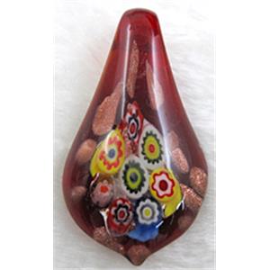 murano style glass lampwork pendant with mulit-flower, leaf, red, approx 35x60mm [LWBPD220C08]