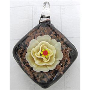 murano style lampwork glass pendant with goldsand, square, yellow flower, 30x30mm [LWBPD221C01]
