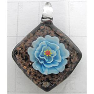 murano style lampwork glass pendant with goldsand, square, sky-blue flower, 30x30mm [LWBPD221C02]