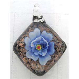 murano style lampwork glass pendant with goldsand, square, blue flower, 30x30mm [LWBPD221C03]