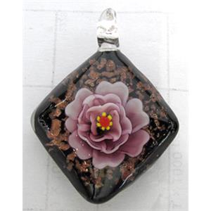murano style lampwork glass pendant with goldsand, square, pink flower, 30x30mm [LWBPD221C04]