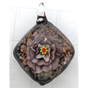 murano style lampwork glass pendant with goldsand, square, flower, 30x30mm [LWBPD221C05]