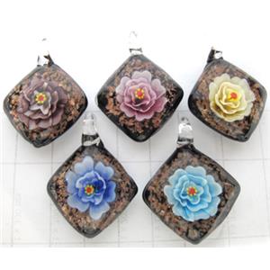 murano style lampwork glass pendant with goldsand, square, flower, mixed color, 30x30mm [LWBPD221MIX]